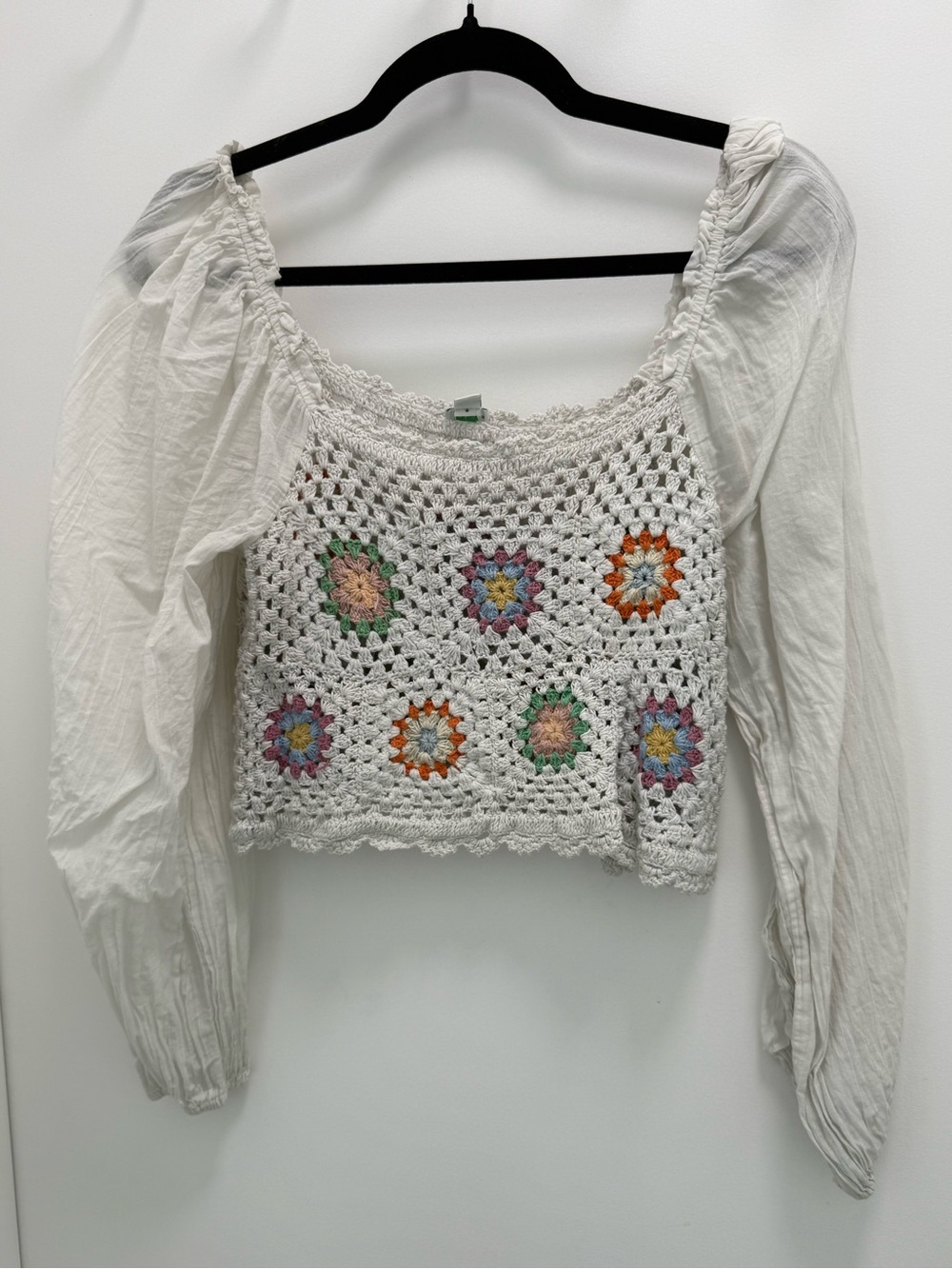 aerie White Crochet Crop Top with Multicolor Floral Squares